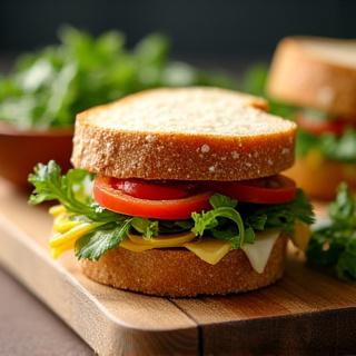 Panino gourmet con ingredienti freschi su un tagliere in legno